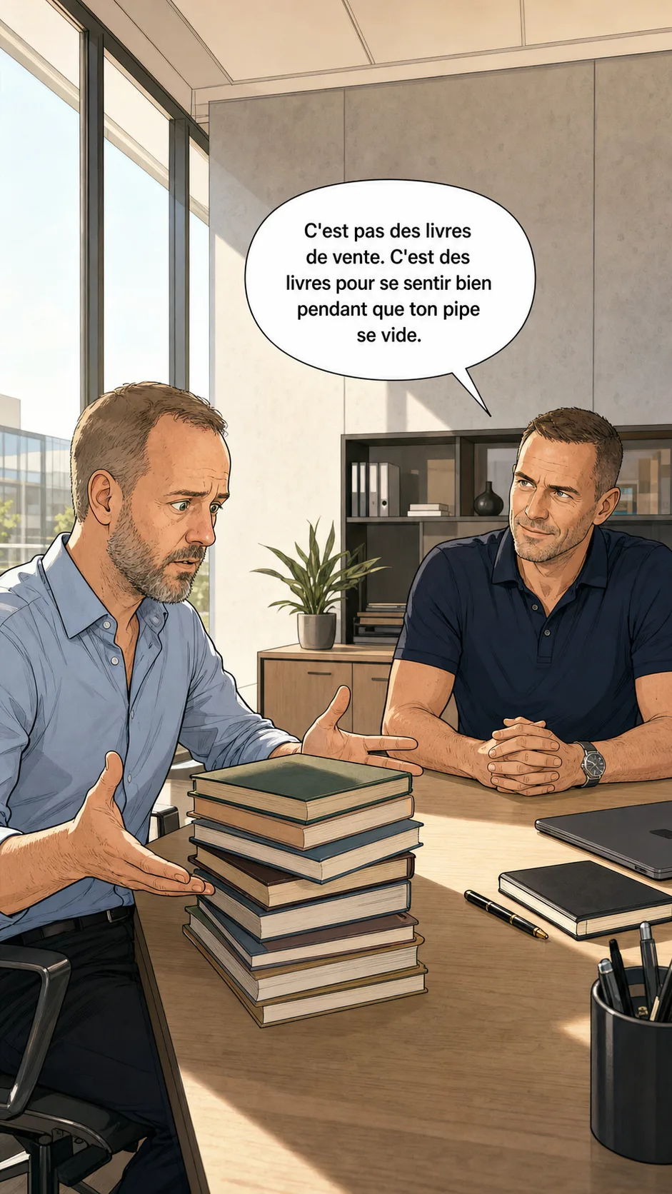 Commercial perdu face à une pile de livres de vente théoriques