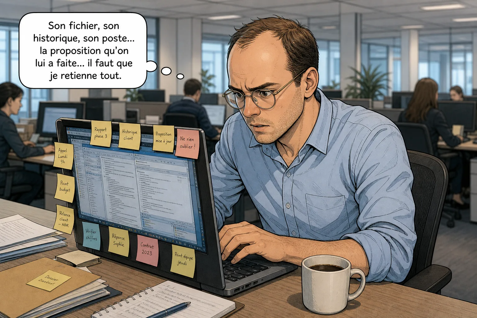 Julien presse avant l'appel, scroll frénétique sur le CRM
