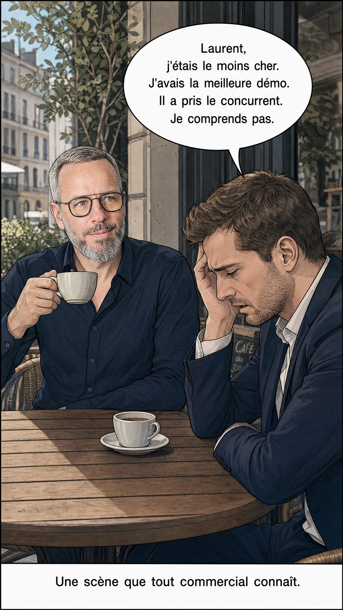 Marc perdu dans ses pensées au café