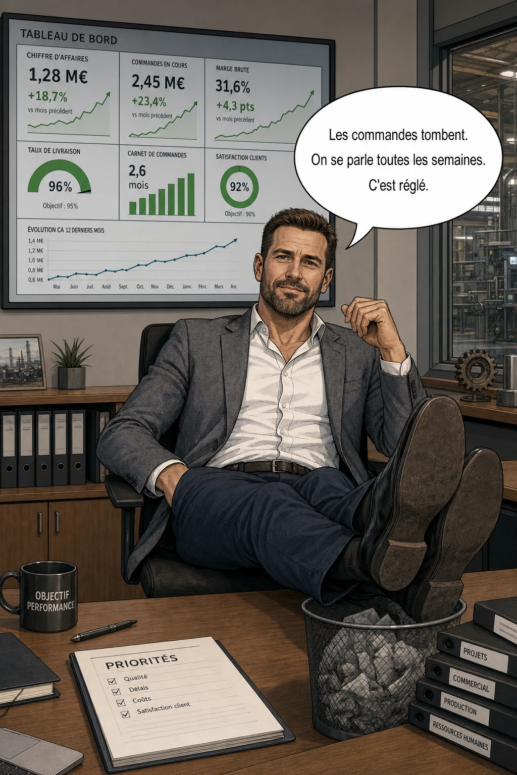 Le commercial sur le terrain, souriant au téléphone avec le grand compte, relation bien huilée