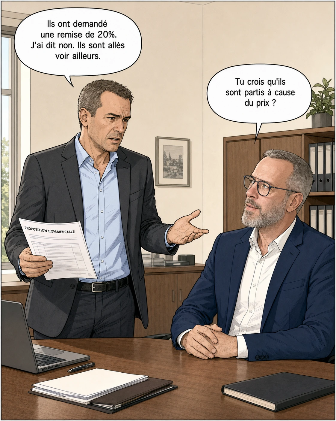 Rémi montre une proposition commerciale à Laurent et lui explique que le client est parti après une demande de remise