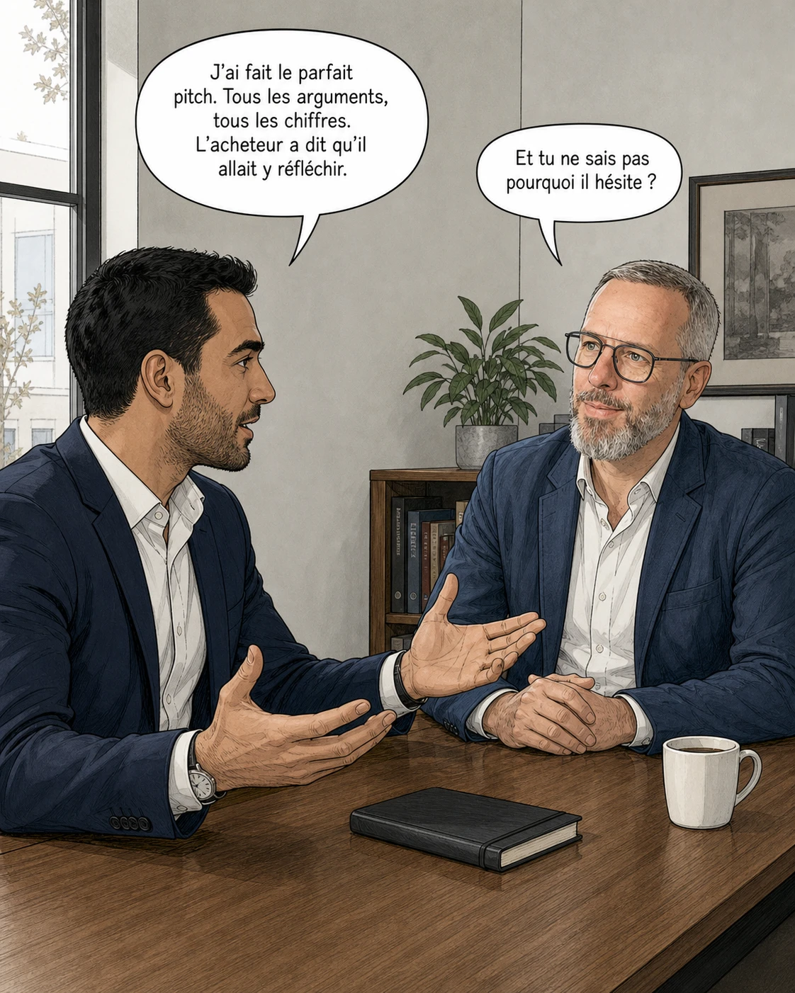Karim, commercial, présente son pitch parfait à Laurent