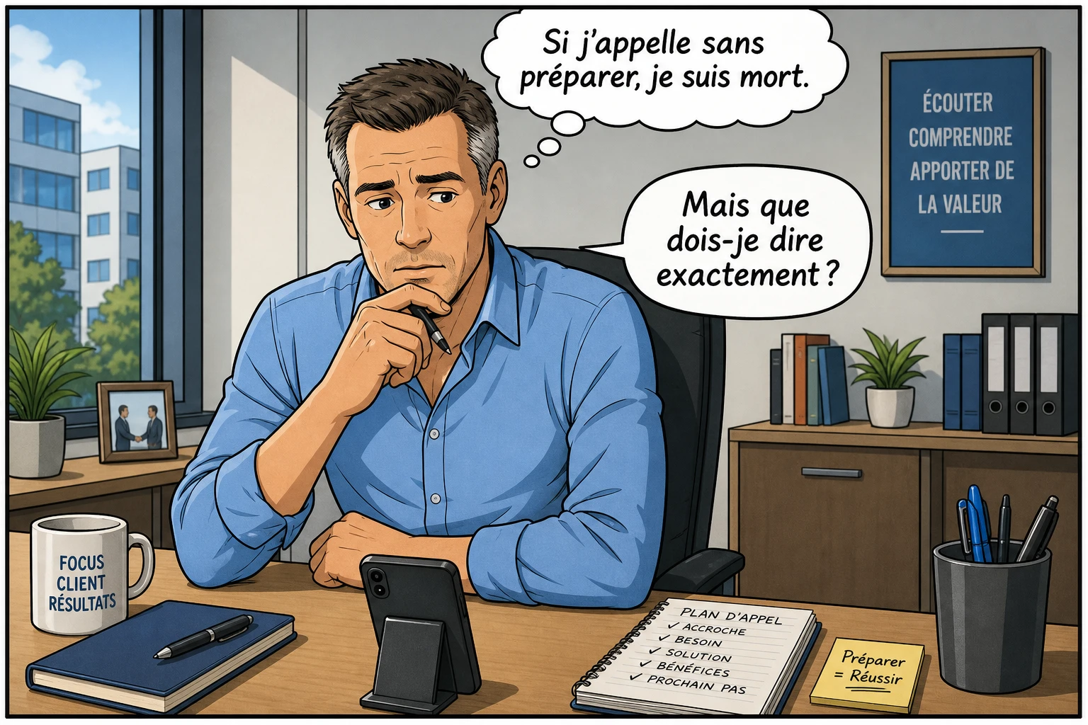 Dirigeant au téléphone lisant un script générique, air fatigué